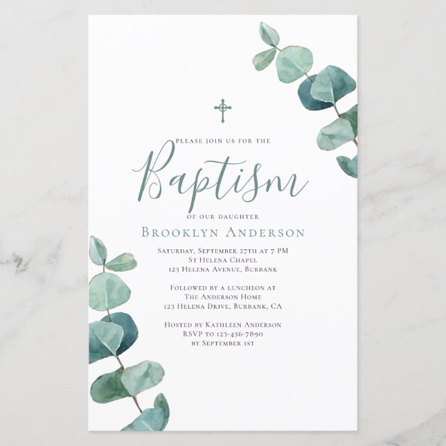 Budget Grande Eucalyptus Baptism-inbjudan (Framsida)