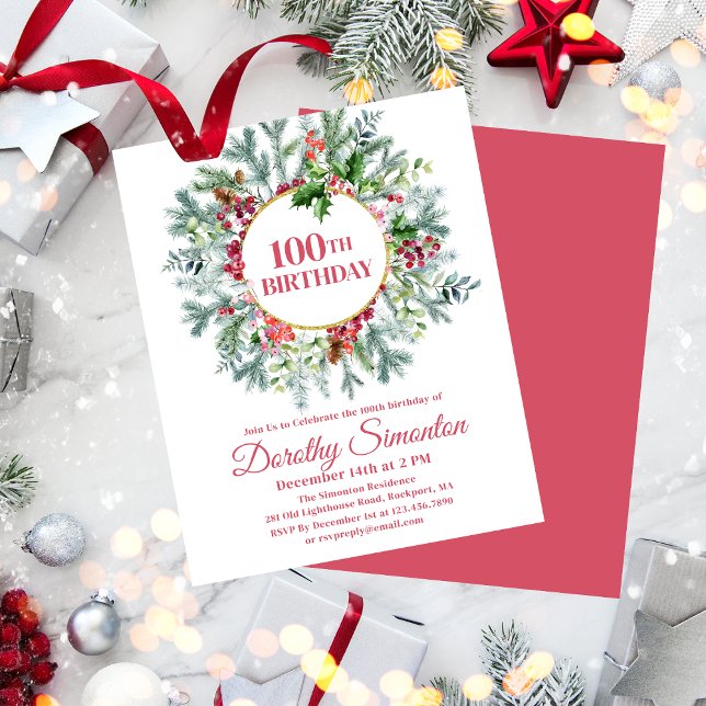 Budget Gräs Holly Berry 100:e födelsedagsinbjudan (Need a matching welcome sign? Napkins, paper plates, something else. Message me!)