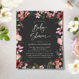 Budget Grått Magenta Blommigt babyvisningsinbjudan