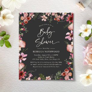 Budget Grått Magenta Blommigt babyvisningsinbjudan