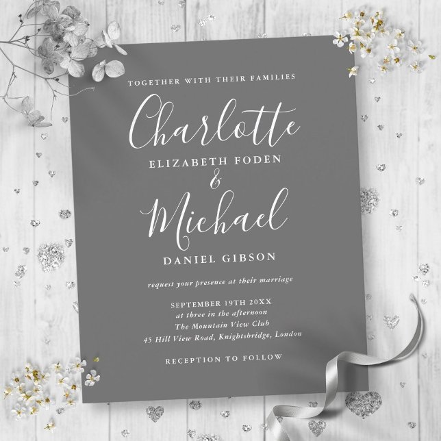 Budget Grått Och Vitt Bröllopsinbjudan Med Skript (Budget Gray And White Script Wedding Invitation)