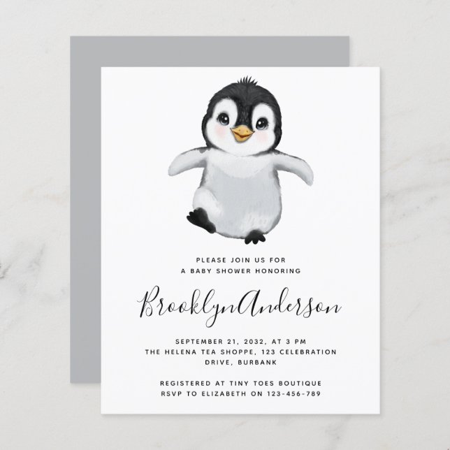 BUDGET Grått Penguin Baby Shower-inbjudan (Fram/baksida)