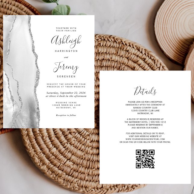 Budget Grått Silver QR Code Wedding bjudande (Skapare uppladdad)