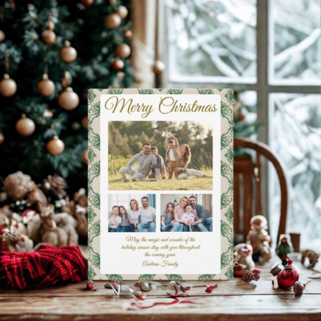 Budget Green Christmas Plaid  3 Photo Holiday Card Helg Vykort (Skapare uppladdad)