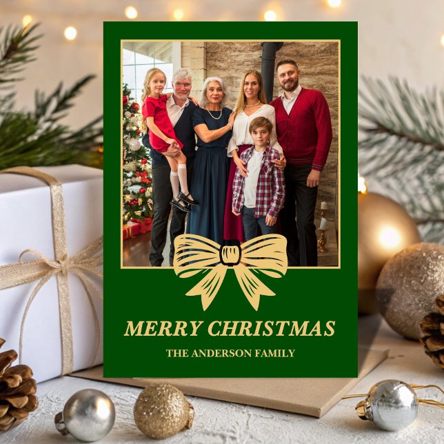 Budget Green & Gold Bow Family Christmas Photo Julkort (Skapare uppladdad)