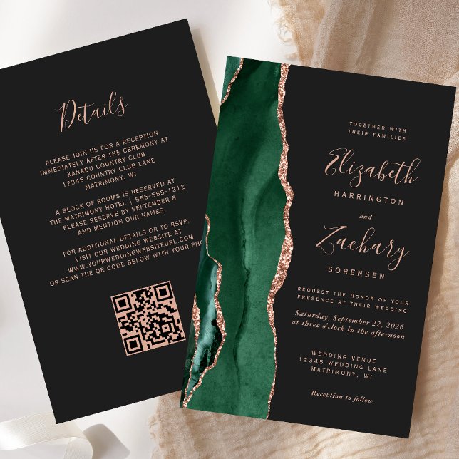 Budget Green Rose Gold Agate Dark QR Code Wedding (Skapare uppladdad)