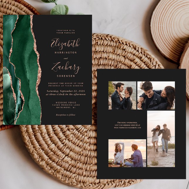 Budget Green Rose Gold Dark 4-Photo Wedding Invite (Skapare uppladdad)