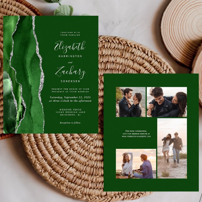 Budget Green Silver 4-Photo Wedding Invite (Skapare uppladdad)
