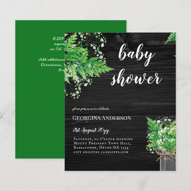 BUDGET Greenery BABY Shower Inbjudan Ferns (Fram/baksida)