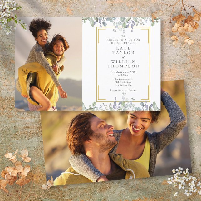 Budget Greenery Blommig 2 Foto Bröllopsinbjudan (Budget Greenery Floral 2 Photo Wedding Invitation)