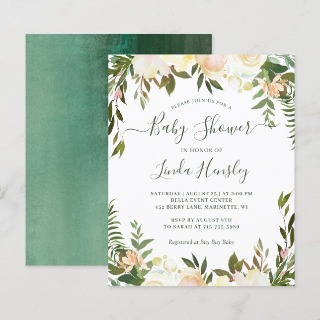 Budget Greenery Blommig Baby Shower Inbjudan (Fram/baksida)