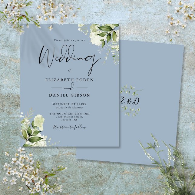 Budget Greenery Dusty Blue Bröllopsinbjudan (Budget Greenery Dusty Blue Wedding Invitation)
