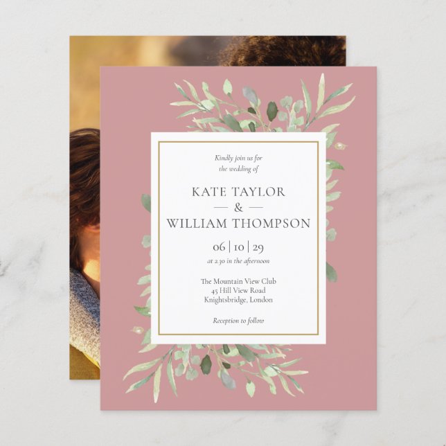 Budget Greenery Dusty Ro Bröllop Photo Inbjudan (Fram/baksida)