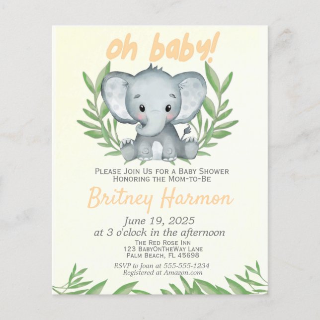 Budget Greenery Elephant Neutralt Baby Shower Flygblad (Framsidan)