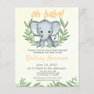 Budget Greenery Elephant Neutralt Baby Shower Flygblad