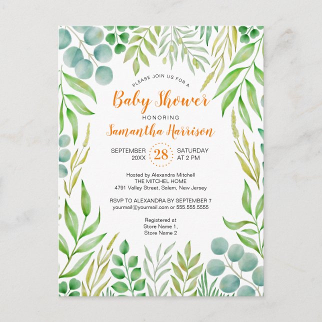 Budget Greenery Foliage Fall Botanical Baby Shower Inbjudan Vykort (Framsida)