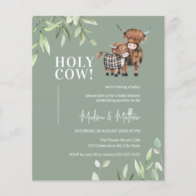 Budget Greenery Highland Cow Baby Shower Inbjudan (Framsida)