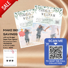 BUDGET Greenery PHOTO Bröllop spara datum QRcode Flygblad