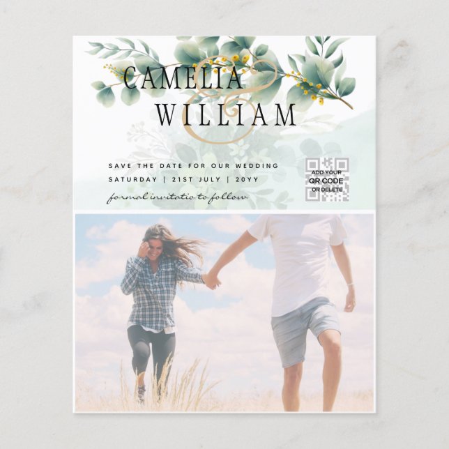 BUDGET Greenery PHOTO Bröllop spara datum QRcode Flygblad (Framsidan)