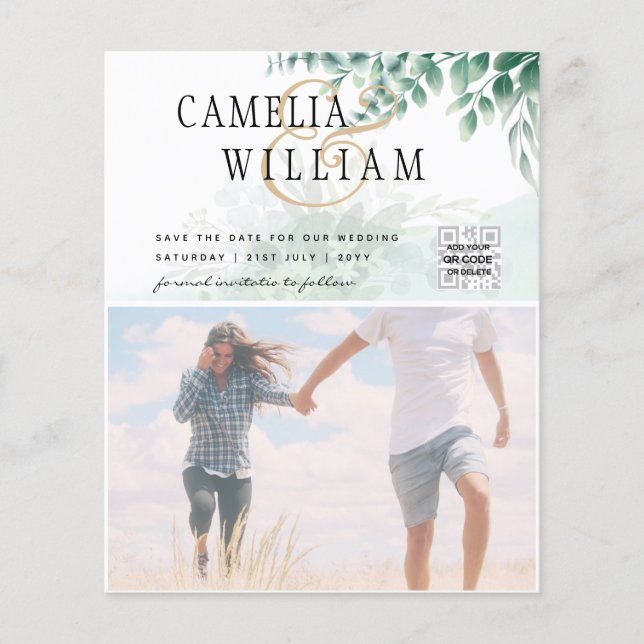 BUDGET Greenery PHOTO Bröllop spara datum QRcode Flygblad (Framsidan)