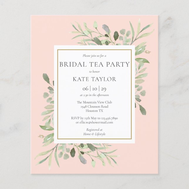 Budget Greenery  Rosa Möhippa Tea Party Inbjudan (Framsida)