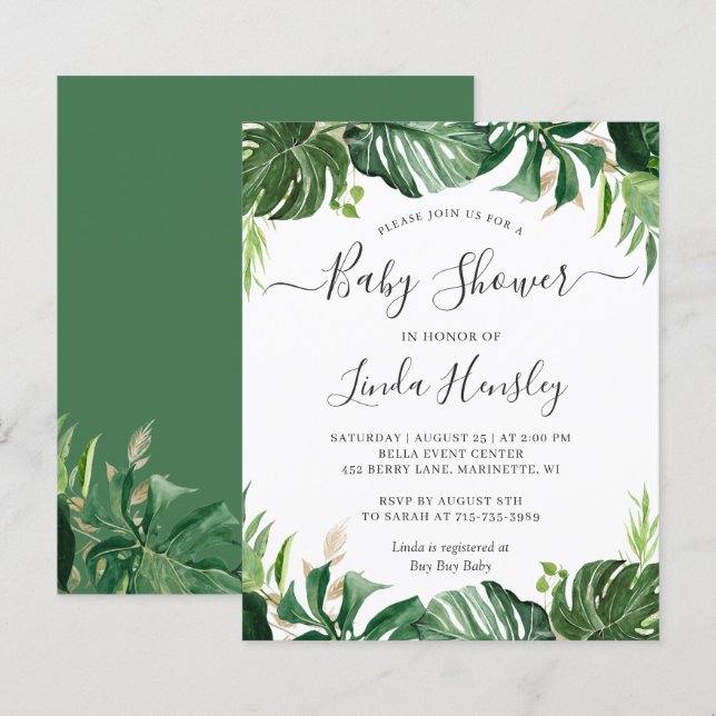 Budget Greenery Tropisk Baby Shower Inbjudan (Fram/baksida)