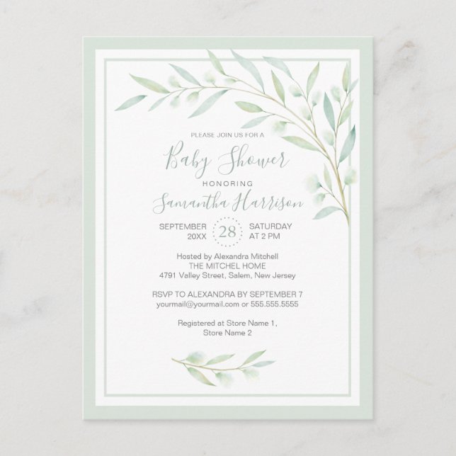Budget Grey Botanical Elegant Sage Baby Shower Inbjudan Vykort (Framsida)