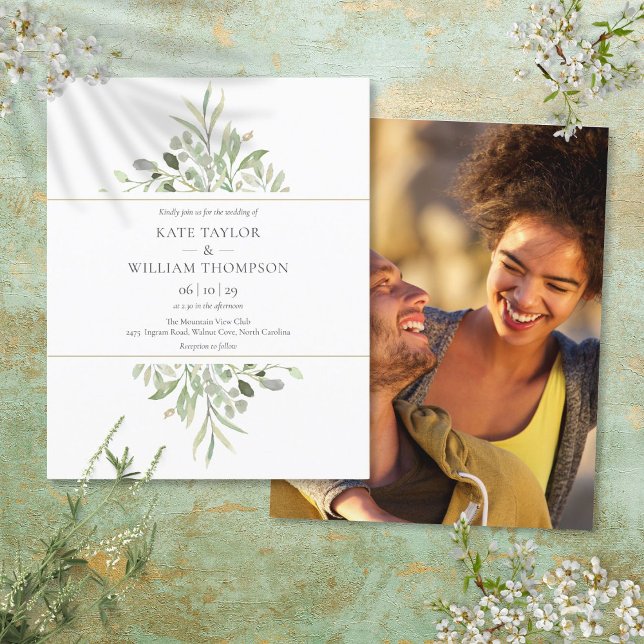 Budget Grey Bröllop fotoinbjudan (Budget Greenery Wedding Photo Invitation)