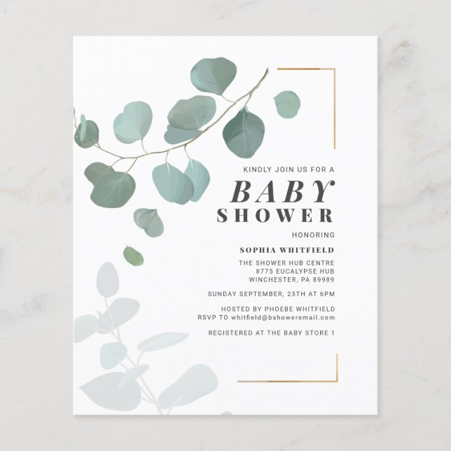 Budget Grey Eucalyptus Baby Shower-inbjudan (Framsida)