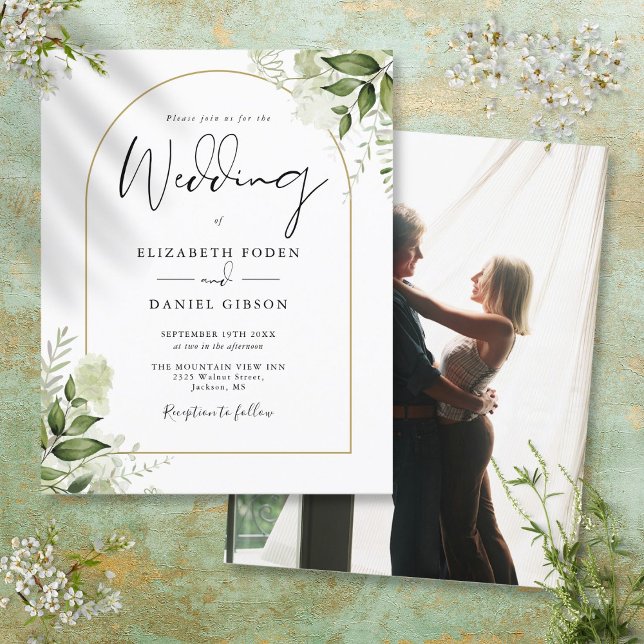 Budget Grey Guld Arch Photo Wedding bjudande (Budget Greenery Gold Arch Photo Wedding Invitation)
