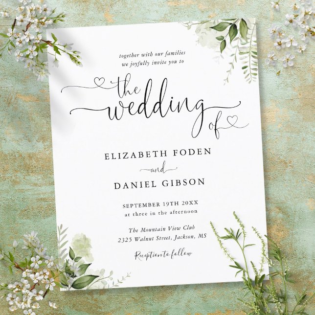 Budget Grey Lämnar skriptbröllop (Budget Greenery Leaves Script Wedding Invitation)