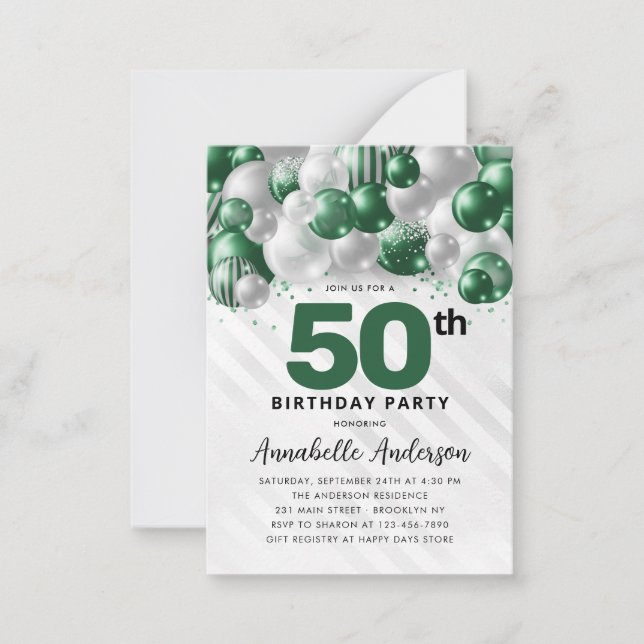 Budget Grönt Silver Balloon Glitter 50:e födelseda Anteckningskort (Framsida)