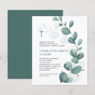 Budget Grönt Watercolor Eucalyptus Baptism Inbjuda