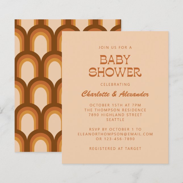 Budget Groovy 70s Brown Retro Par Baby Shower (Fram/baksida)