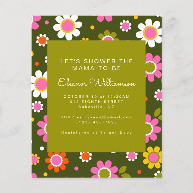 Budget Groovy Flowers Grönt Baby Shower Inbjudan (Framsida)