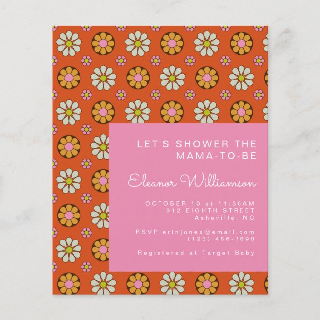 Budget Groovy Flowers Orange Baby Shower Inbjudan (Framsida)
