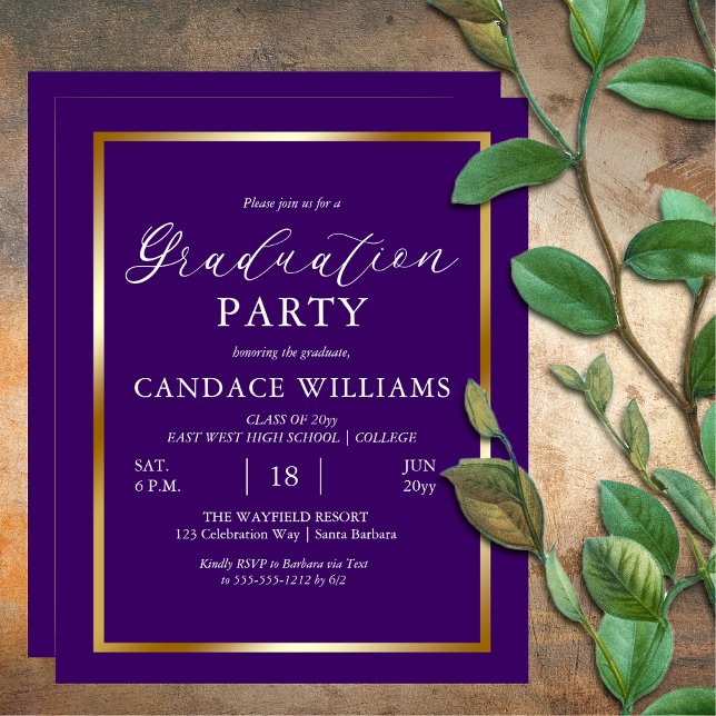 Budget gul ram minimalistiskt partihäfte (BUDGET Gold Tone Frame Purple Minimalist Graduation Party Invitation)
