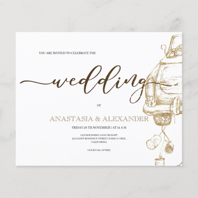 Budget/Guld bil/bröllopsinbjudan. Flyer (Framsidan)