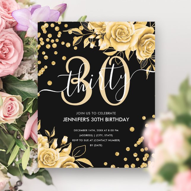 BUDGET Guld Blommig Glitter 30-års Födelsedag Svar (BUDGET Gold Floral Glitter 30th Birthday Black)