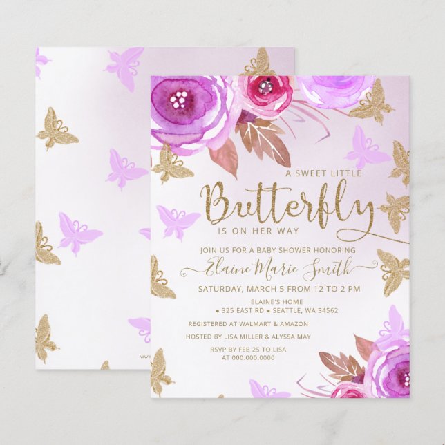 Budget Guld Butterflies Baby Shower-inbjudan (Fram/baksida)