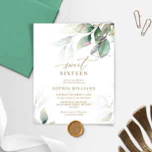 Budget Guld & Eucalyptus Sweet 16 Birthday Inbjuda