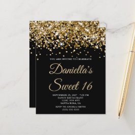 Budget Guld Glitter Black Sweet 16-inbjudan