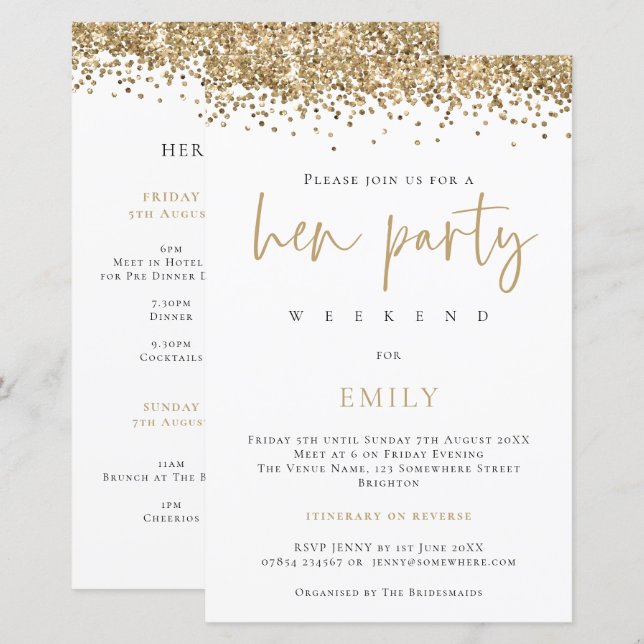 Budget Guld Glitter Hen Party Helg Inbjudan (Fram/baksida)