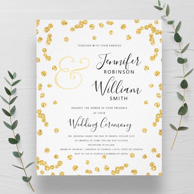 BUDGET Guld Glitter-konfetti Bröllop Flygblad (BUDGET Gold Glitter Confetti Script Wedding Flyer)