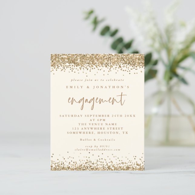 Budget Guld Glitter Kräm Förlovningsinbjudan (Stående Fram)