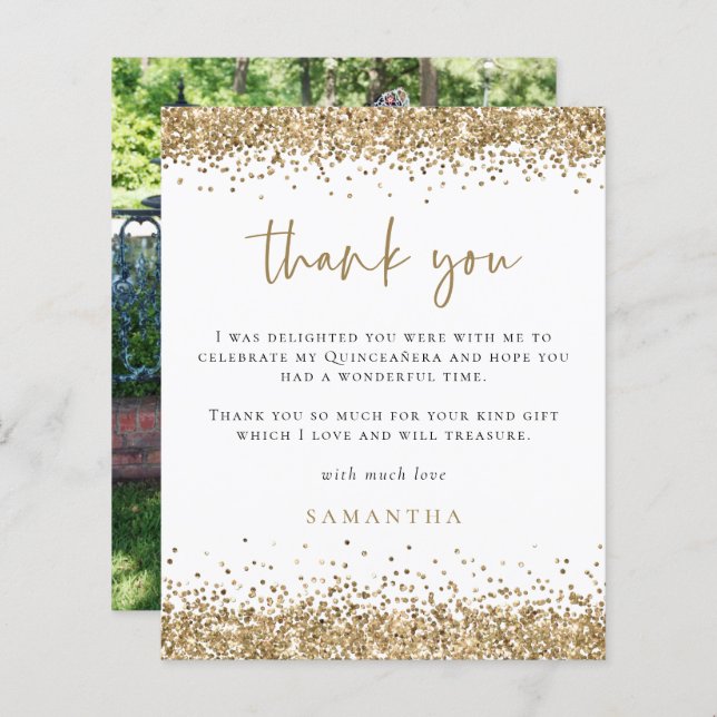 Budget Guld Glitter Photo Quinceañera Tack (Fram/baksida)