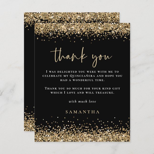 Budget Guld Glitter Quinceañera Party tack, svart (Fram/baksida)