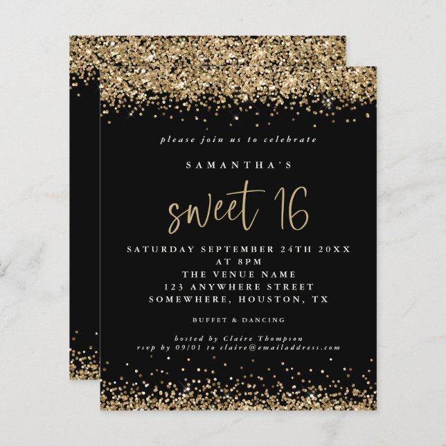 Budget Guld Glitter Sweet 16 Black Birthday (Fram/baksida)