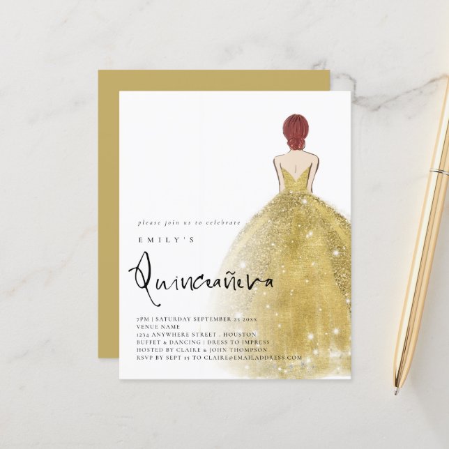 Budget Guld Gown Girl Auburn Hair QR Quinceañera (Fram/Back In Situ)