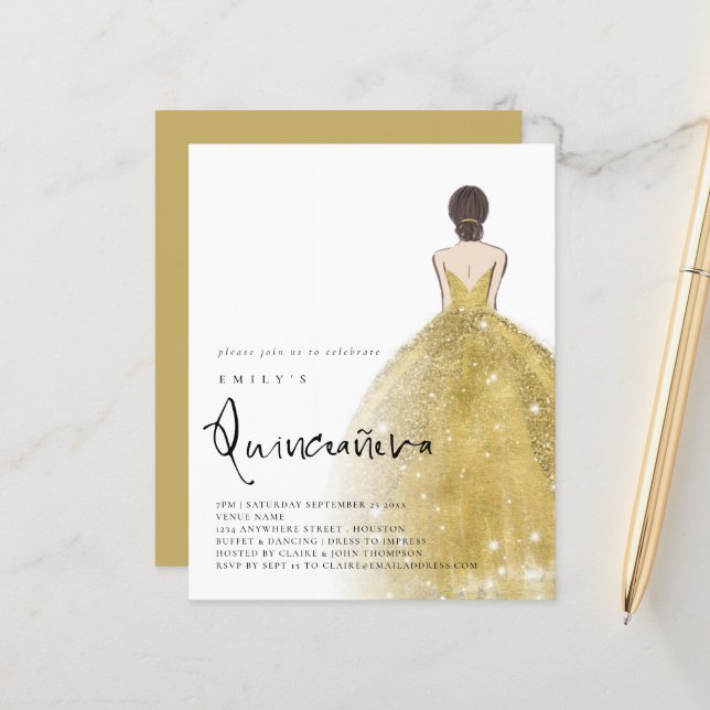 Budget Guld Gown Girl Brunette Hair QR Quinceañera (Fram/Back In Situ)